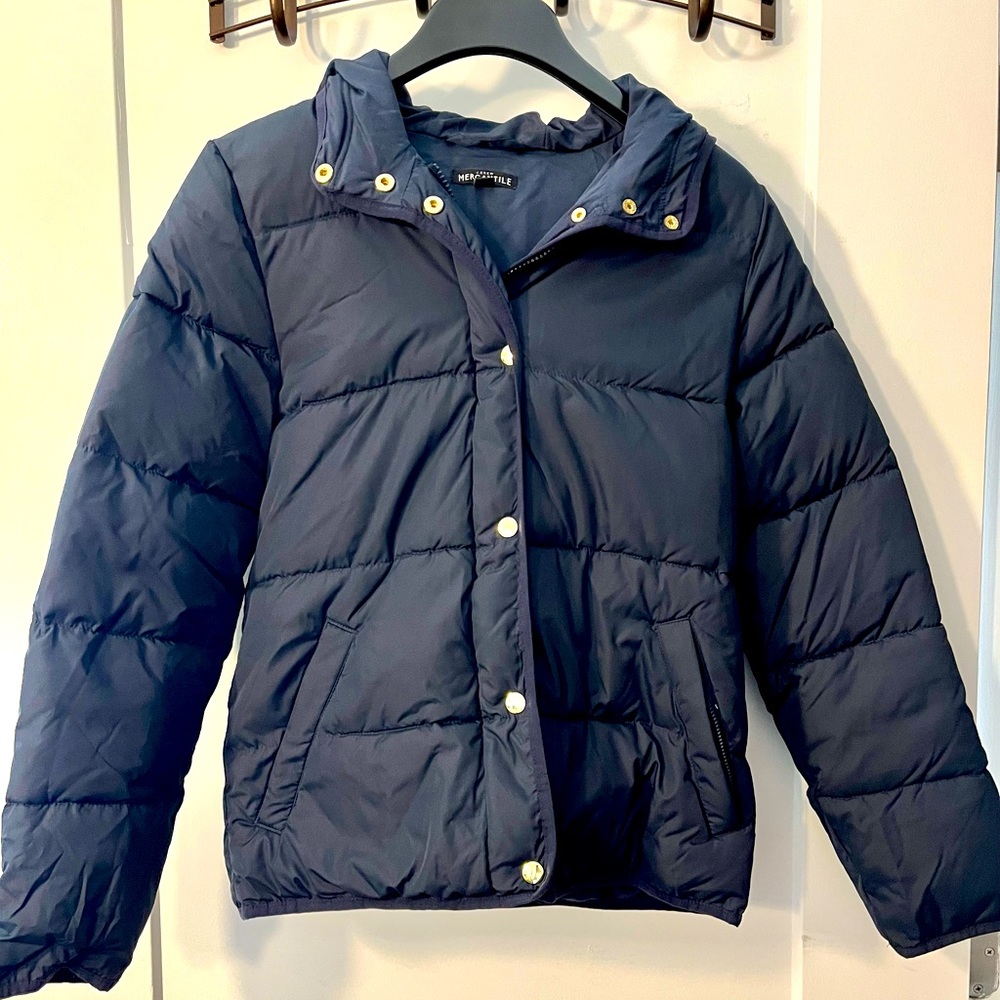 J Crew hooded navy puffer coat size XS